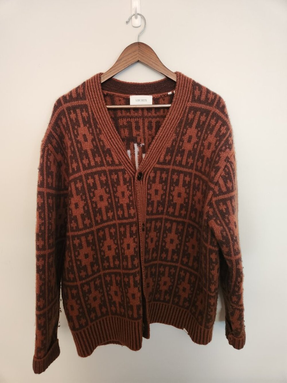 Les Deux Ezra Heavy Jacquard Knit Cardigan Sweater XL Brown Rust Logo